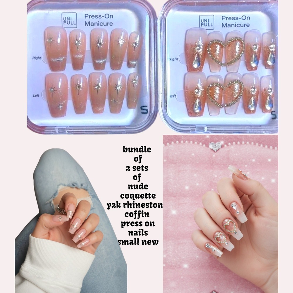 2 SETS OF‎ Y2K COQUETTE NUDE SHIMMER HANDMADE FAKE NAILS SMALL NEW